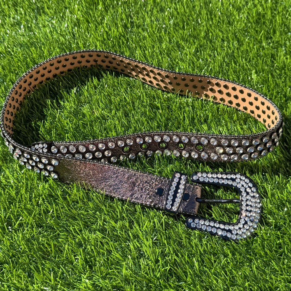 Paper Money Crystal Embellished Black Gunmetal Belt Size 34